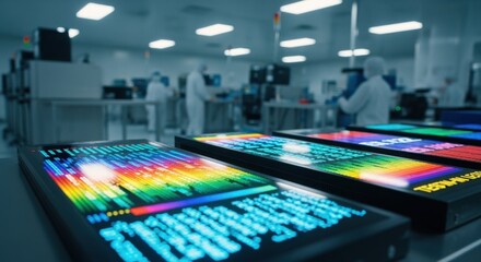 Vibrant glowing LED panels showing animated test sequences in a cleanroom environment during the vital burnin testing phase.
