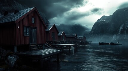 Fototapeta premium A captivating image showcasing rugged red cabins nestled by a tranquil fjord under dark, moody skies, inviting viewers to explore the raw beauty of nature in remote locations.