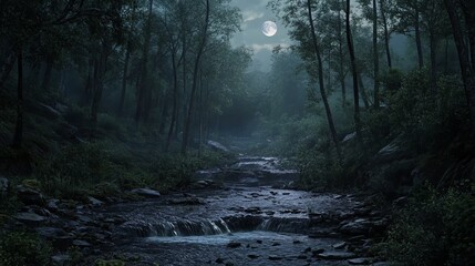 Obraz premium A Halloween-themed setting provides the backdrop for a mystical forest, where a moonlit path winds through the fog