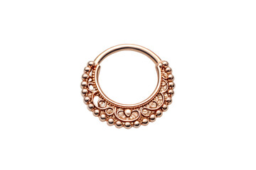 Close up of a rose gold septum ring with beaded and filigree detailing design