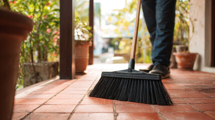 Man sweeping a brick porch using a push broom — outdoor tidying in action.