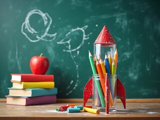 Blast off to learning with a rocket filled with school supplies and an apple