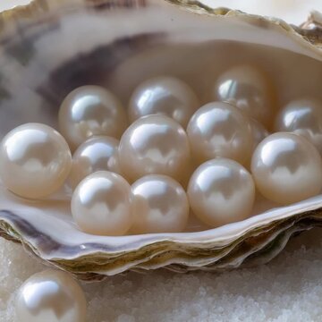 A single white pearl-filled clamshell sits on a flat surface