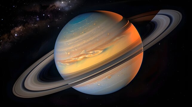 A digital artwork depicting a detailed, close-up view of the planet Saturn with its prominent rings set against a starry background. - Powered by Adobe