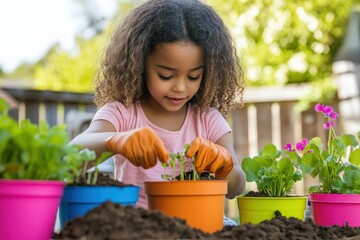 Little girl planting seedlings in colorful pots in the garden