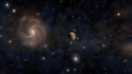 Obraz premium A digital artwork depicting a surreal and vast expanse of outer space, with a distant planet, a swirling galaxy, and countless stars.