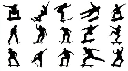 Fototapeta premium Vector silhouette collection of skateboarders in various active poses