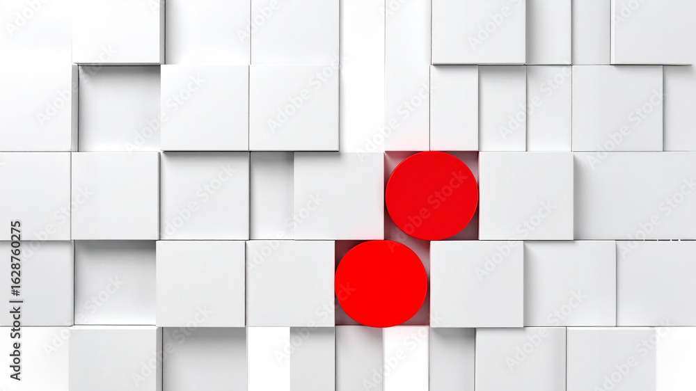 Poster abstract 3d rendering of a white cubic wall with two bold red circles. this clean, geometric backgro