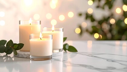Candles Burning with Soft Bokeh Lights on Marble Surface