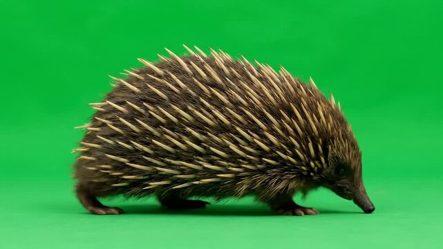 Spiky echidna walking across vibrant green background, showcasing unique wildlife in motion, cute animal on the move