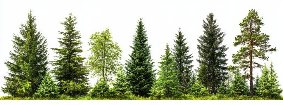 In a summer forest setting, a row of trees and shrubs with lush green foliage is isolated on a transparent background using a high-quality clipping mask to create a detailed forest scape