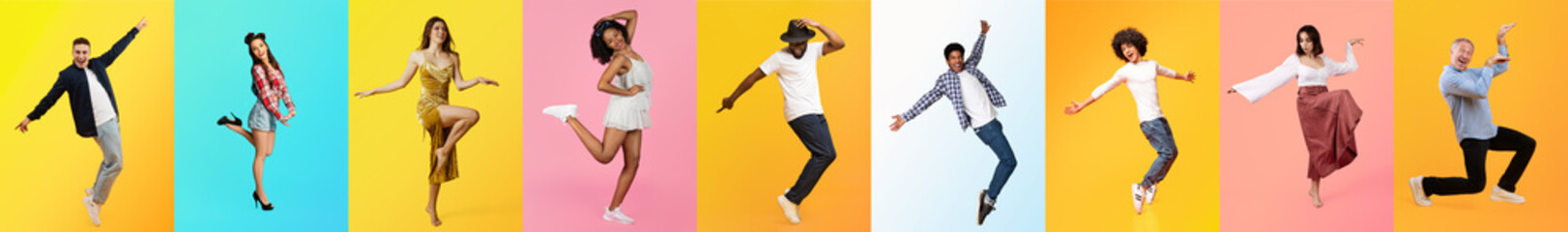 A vibrant collage showcasing diverse individuals in full-length poses, expressing joy and dynamic...