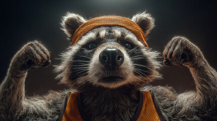 Funny raccoon dressed as a bodybuilder shows off muscles in a gym setting. Retro headband and serious face add comic contrast