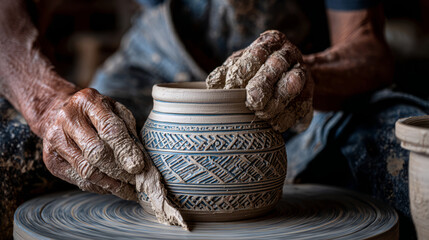An elderly potter's hands shape a clay jar on a spinning wheel, highlighting craftsmanship, tradition, and tactile artistry
