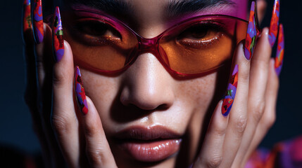 Extreme close-up of a female face framed by hands with colorful nails, wearing tinted sunglasses and vivid eye makeup, symbolizing digital identity and cyber glam