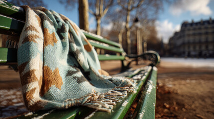 Knitted throw on snowy bench in quiet city park. Peaceful winter atmosphere with minimalist aesthetic