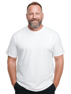 generative ai  a happy fat and clean shaven average looking 45 year old man wearing a highquality white blank tshirt for a mockup design