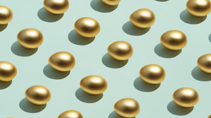 Row of shiny golden eggs casting soft shadows on green background evokes premium product concept, wealth, and Easter festivity