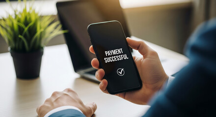 Business man close up with Successful Mobile Payment Transaction text on screen
