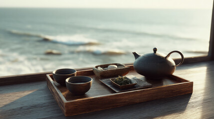 Tea setup with ocean view creates a mindful moment of peace and reflection, surrounded by natural textures and soft light