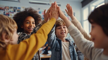 happy diverse multiethnic kids junior school students group giving high five together in classroom excited children celebrating achievements teamwork diversity and friendship with highfive concept no