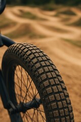 Fototapeta premium Bike tire with rough tread on a dirt track. Ready for off-road adventure.