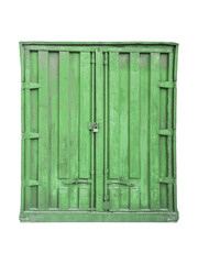 Green metal cargo container with door and padlock is isolated.
