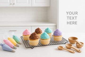 Delicious cupcakes with colorful frosting sit on a cooling rack ready to be enjoyed. Text space for custom branding on a bright kitchen background.