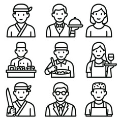 Sushi Bar Icons. Outline style icons of Sushi Bar Staff: sushi chef with headband, waiter with tray, hostess icon, chef behind