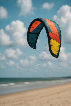 Colorful kiteboard wing against bright blue sky and clouds. Vibrant watersports equipment at a sandy beach.