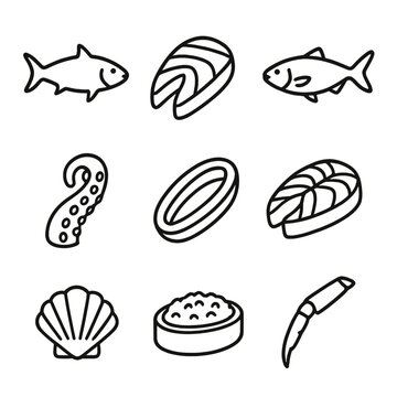 Sushi Fish Icons. Outline style icons of Sushi Fish Types: tuna fish silhouette, salmon fillet, yellowtail icon, octopus tentacle,
