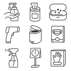 Disinfection Station Icons. Line style icons of Disinfection Station: hand sanitizer pump, disinfecting wipe canister, UV