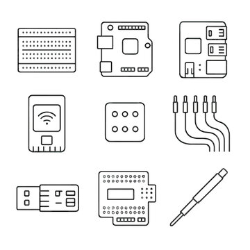 Development Board Essentials Icons. Line style icons of Development Board Essentials: solderless breadboard, Arduino board,