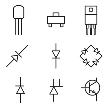 Discrete Semiconductor Icons. Line style icons of Discrete Semiconductors: NPN transistor TO-92, PNP transistor SOT-23, MOSFET
