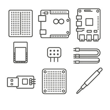 Development Board Essentials Icons. Line style icons of Development Board Essentials: solderless breadboard, Arduino board,