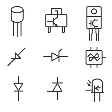 Discrete Semiconductor Icons. Line style icons of Discrete Semiconductors: NPN transistor TO-92, PNP transistor SOT-23, MOSFET
