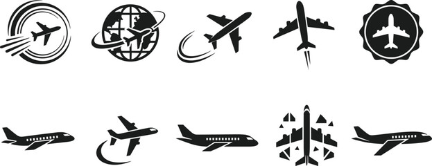 Airplane icons flat vector illustration, diverse aviation styles, silhouette design, flight symbols pack, swoosh and globe graphics set
