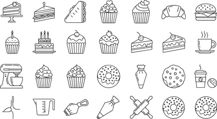 Baking and dessert icon collection vector set, black silhouette illustrations of cakes, cupcakes, donuts, pastries, tools, and sweet treats