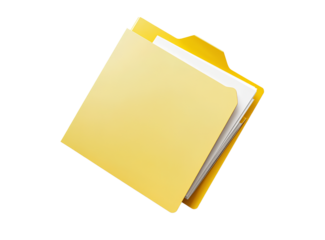 One yellow cardboard file with white paper inside, top view, on the right side of an isolated white background.