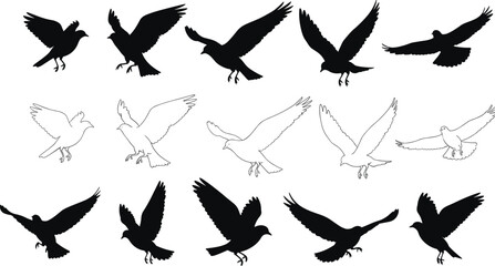 Flying bird icons flat vector illustration, silhouette and outline set, dynamic wing poses, nature flight symbols, peaceful sky graphics