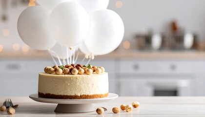 Celebrating with Cake and Balloons Nut Topped Dessert