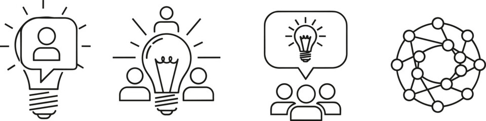 Idea and collaboration icon set vector, black silhouette of light bulb teamwork, group brainstorming, network connection symbol collection