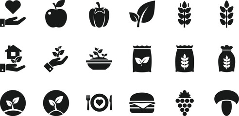 Healthy lifestyle and organic food icon vector set, black silhouette illustrations of plants, farming, sustainability, and wellness symbols