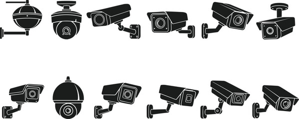 Security camera icon set vector, black silhouette designs of dome, bullet, box styles for surveillance, safety, and monitoring concepts