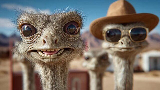 Two playful ostriches wearing sunglasses and a hat, posing in a desert landscape with mountains in the background, showcasing their unique personalities and vibrant expressions