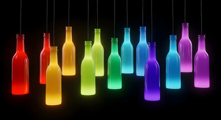 "Contemporary Hanging Glass Bottle Lights in Vibrant Colors for Interior Decor and Events"