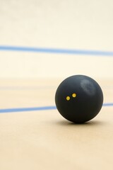 Black squash ball with yellow dots on a wooden court. Perfect for sports concept.