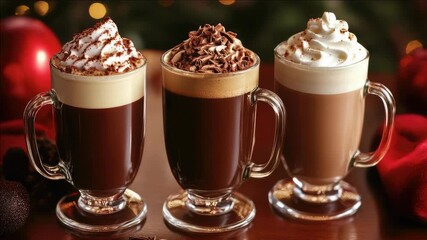 Three delicious hot chocolates with marshmallows and whipped cream on a festive table. - Powered by Adobe
