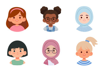 A collection of six diverse smiling girls illustrated in a flat style. Each girl has unique hairstyles, clothing and cultural attire. Perfect for educational, diversity and childrens content.
