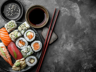 sushi on a white background in a relaxing still life realistic photography top view